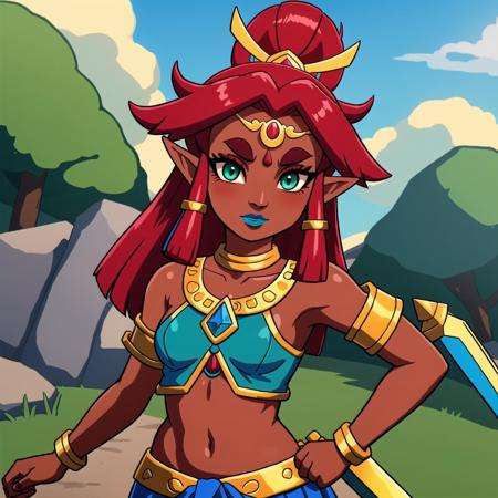 RijuTOTK, Riju \(The Legend of Zelda: Tears of the Kingdom\), 1girl, solo, blue lips, pointy ears, dark-skinned female, jewelry, green eyes, dark skin, weapon, red hair, makeup, colored skin, navel, sword, hair ornament, lipstick, small breasts, thick eyebrows, midriff, breasts, bracelet, armlet, looking at viewer, skirt, circlet, armor, neck ring, bare shoulders, gorget, outdoors, hair pulled back, cloud, long hair BREAK Real-time blemish removal, adaptive skin roughness, depth-based facial shading, physically-based scattering, wrinkle enhancement, dynamic lip and teeth shading, cinematic skin glow, advanced pose estimation