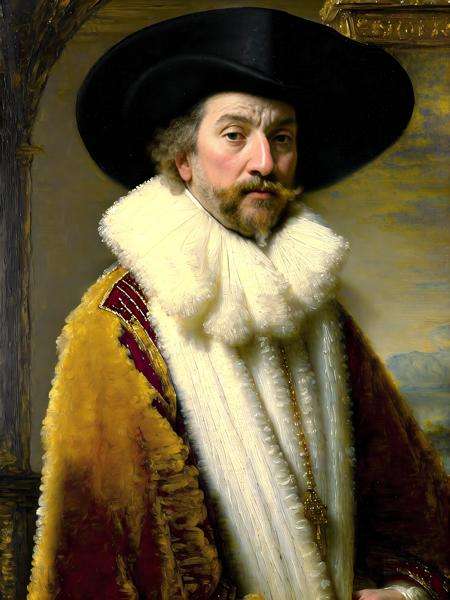 Rembrandt, (distant view:1.3),(award-winning painting:1.3), (8k, best quality:1.3), (realistic painting:1.1), A gorgeous and intricate painting, fine art, portrait, mustache, blonde hair, robe, hat, male focus, solo, old, wrinkles