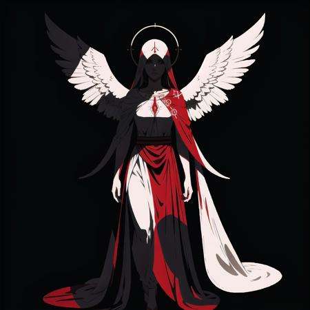 Magonia, two tone, blood, spot color, tears, halo, angel, black background, silhouette, 1girl, full body, looking at viewer