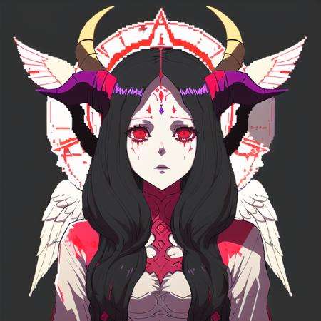 Magonia, FE16, two tone, blood, spot color, tears, angel, black background, silhouette, 1girl, upper body, looking at viewer, goat horns