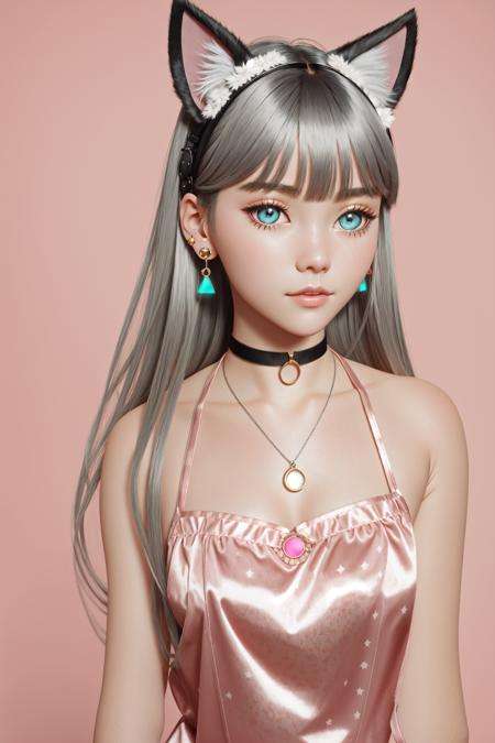 LumiN0va, 1girl, solo, animal ears, jewelry, long hair, blue eyes, cat ears, gray hair, silver hair, earrings, bell, looking at viewer, simple background, pink background, upper body, choker, jingle bell, necklace, fake animal ears, lips, bangs, bare shoulders