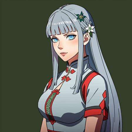 Fire Emblem Three houses, Fire Emblem, FE16, (Simple Background, Green Background:1.3), (blue eyes, silver hair, grey hair:1.3), LumiN0va, 1girl, solo, long hair, blue eyes, chinese clothes, looking at viewer, parted lips, bangs, dress, upper body, china dress, lips, short sleeves, breasts, pink dress, eyelashes, sidelocks, flower, hair ornament, flower in hair