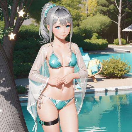 LumiN0va, 1girl, (silver hair, gray hair:1.3), solo, see-through, swimsuit, bikini, blue eyes, looking at viewer, thigh strap, ponytail, bangs, brown hair, breasts, blue background, smile, small breasts, standing, flower, aqua bikini, hair ornament, closed mouth, see-through dress BREAK river, gravel, grass, tree