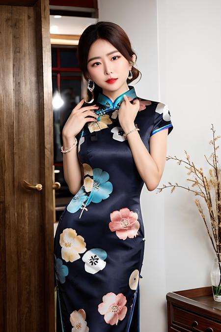 RAW photo, qipao, short sleeve,solo, dress,dark blue qipao,floral_print,color pattern,photorealistic, 1girls, jade bracelet, beautifly woman wearing a qipao dress,3d, brown_hair, chinese_clothes, china_dress,looking at viewer,standing, solo, (monochrome background), (high detailed skin:1.2), 8k uhd, dslr, soft lighting, high quality, film grain, Fujifilm XT3 <lora:Zhoushuyi_v10:0.4> <lora:koreanDollLikeness_v15:0.4>