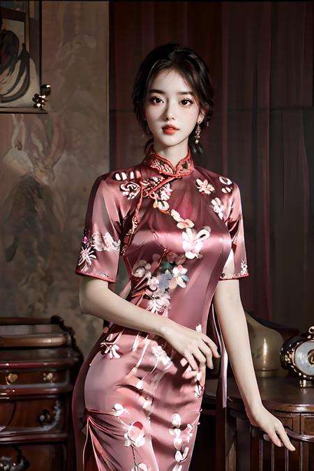 masterpiece,(best quality:1.3),ultra high res,raw photo,detailed skin,beautiful lighting,(realistic, photo-realistic:1.4),1girl,<lora:qipaoV1:1>,qipao,Pink background,