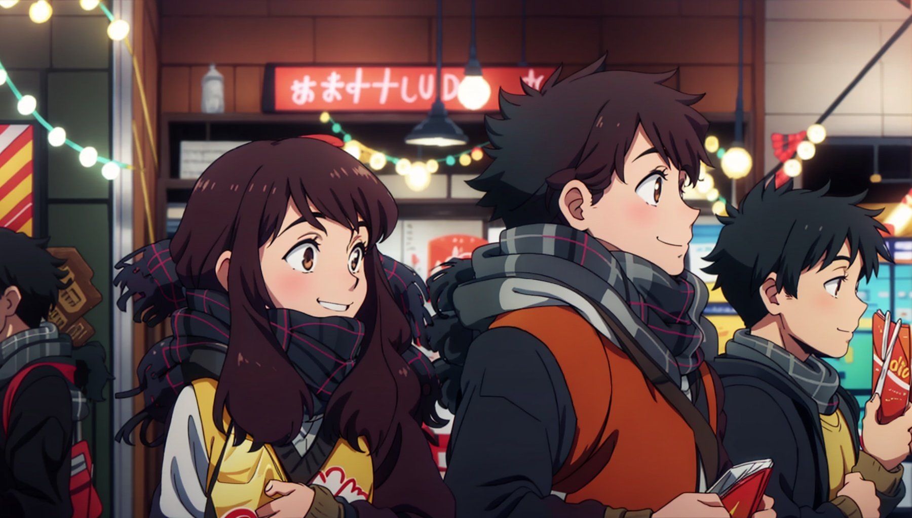 Pokemon Gotcha Style, scarf, 1girl, food, 1boy, black hair, pocky, long hair, blurry, smile, holding, looking at another, plaid scarf, plaid, brown hair, short hair, upper body, from side, jacket