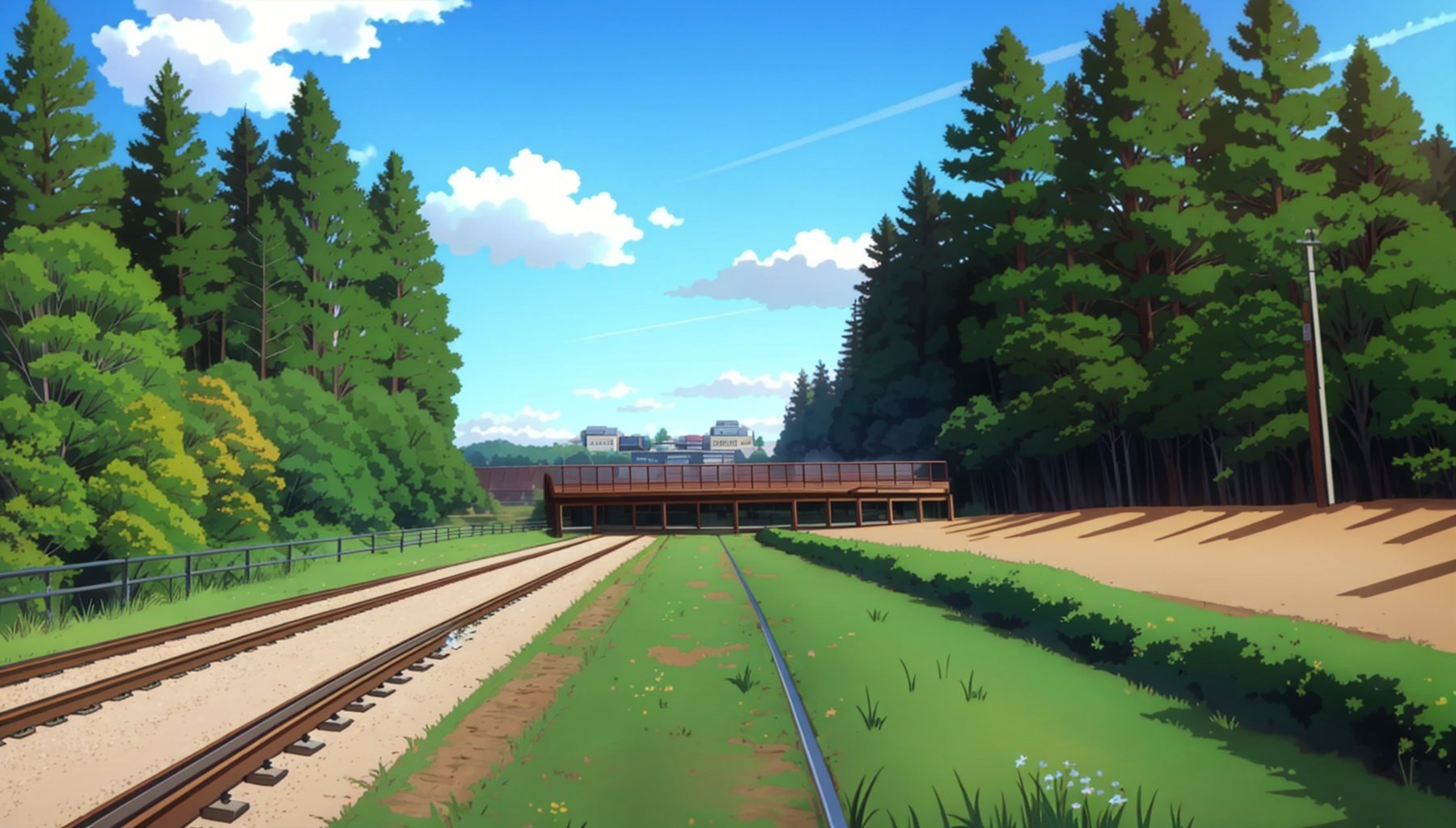 Pokemon Gotcha Style, vanishing point, train tracks, train rail, gravel, scenery, outdoors, no humans, tree, grass, day, sky, cloud, sunlight, nature, stairs, forest, building, house, blue sky, ruins