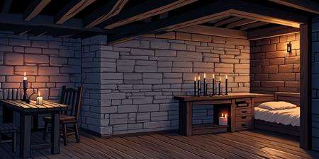 night, night time, dark, indoors, no humans, scenery, wooden floor, candle, fireplace, table, brick wall, indoors, window, stairs