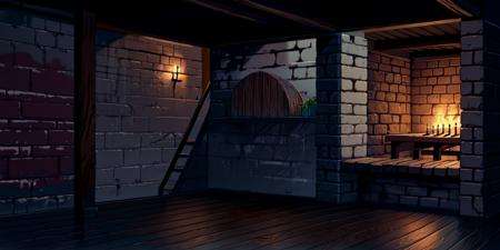 night, night time, dark, indoors, no humans, scenery, wooden floor, candle, fireplace, table, brick wall, indoors, window, stairs