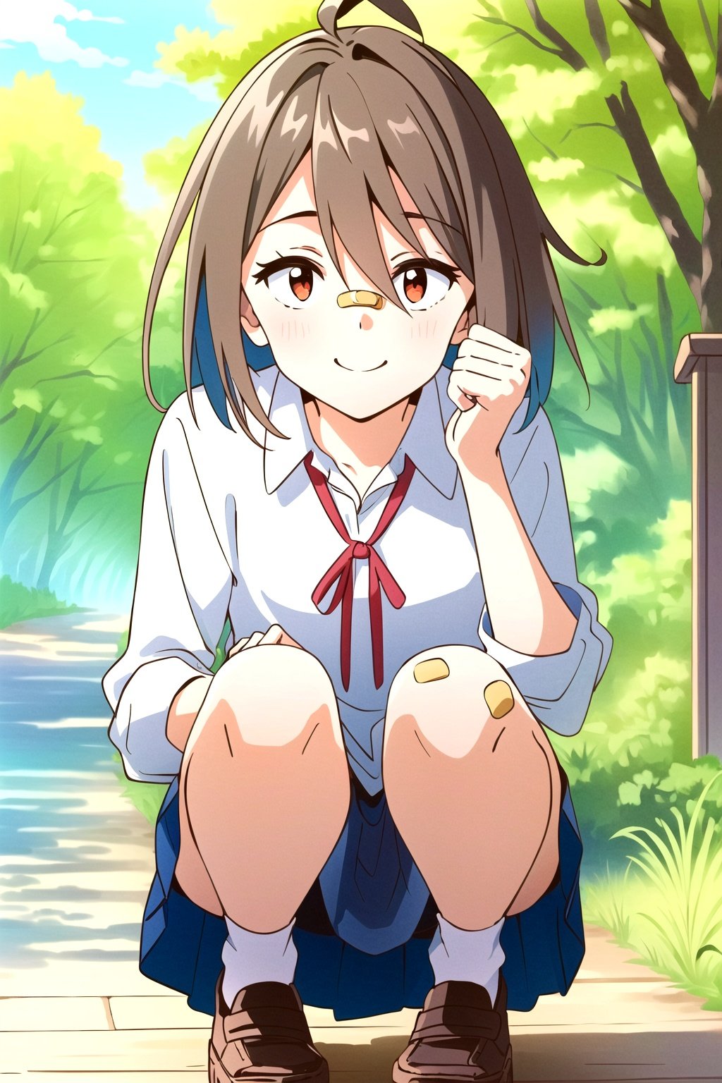 1girl, (masterpiece:1.2), highres, high quality, (perfect face and eyes:1.3), (textured skin:1.2), (solo), original, (wallpaper), serufu, red eyes, collared shirt, neck ribbon, short hair, blue skirt, school uniform, white shirt, (bandaid on nose), brown hair, <lora:yua_serufu-10:0.7>, <lora:more_details:0.3>, squatting, looking at viewer, smile, outdoors, 