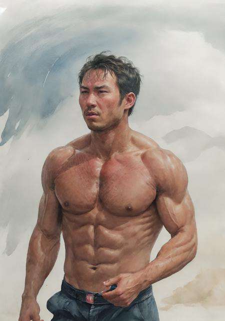 (masterpiece:1.4), (extremely intricate:1.2)>, close shot , portrait,(upper body:1.2), (from front:1.3),   sky, ocean, water, looking at viewer, wind, cloud, sunlight, outdoor, 1man, solo,muscular,  (handsome), cinematic light,  film grain, perfect anatomy, exquisitely detailed skin, best shadow, delicate, RAW, 