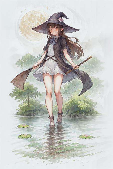 masterpiece, best quality,1girl,adjusting clothes,adjusting headwear,basket,blush,bow,bowtie,breasts,brown eyes,brown hair,cloak,cloud,cloudy sky,crescent moon,dress,fantasy,flower,full body,glowing,glowing flower,hat,light particles,lily pad,long hair,looking at viewer,moon,moonlight,mountain,mountainous horizon,night,outdoors,parted lips,pointy ears,pond,sky,small breasts,staff,star (sky),starry sky,very long hair,wading,water lily flower,wicker basket,wind,witch,witch hat, tachi-e, white background, full body, border, outside border