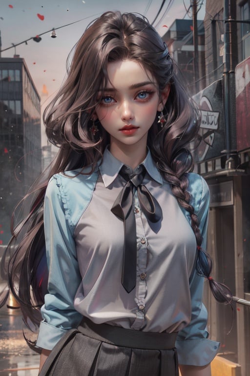 (absurdres, highres, ultra detailed),masterpiece,best quality,upper body,1girl,small breasts,floating city,rainbow,collared_shirt and flared_skirt as material1,afterimage,low-braided long hair,bloodshot eyes,puckered lips,perspective