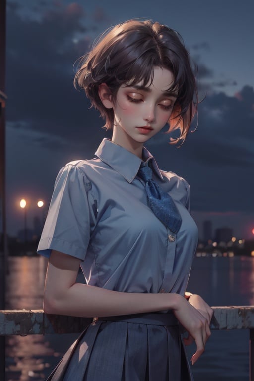 (absurdres, highres, ultra detailed),masterpiece,best quality,upper body,1girl,small breasts,dock,blue theme,collared_shirt and flared_skirt as material1,letterboxed,buzz cut,rolling eyes,half-closed eyes,blurry foreground