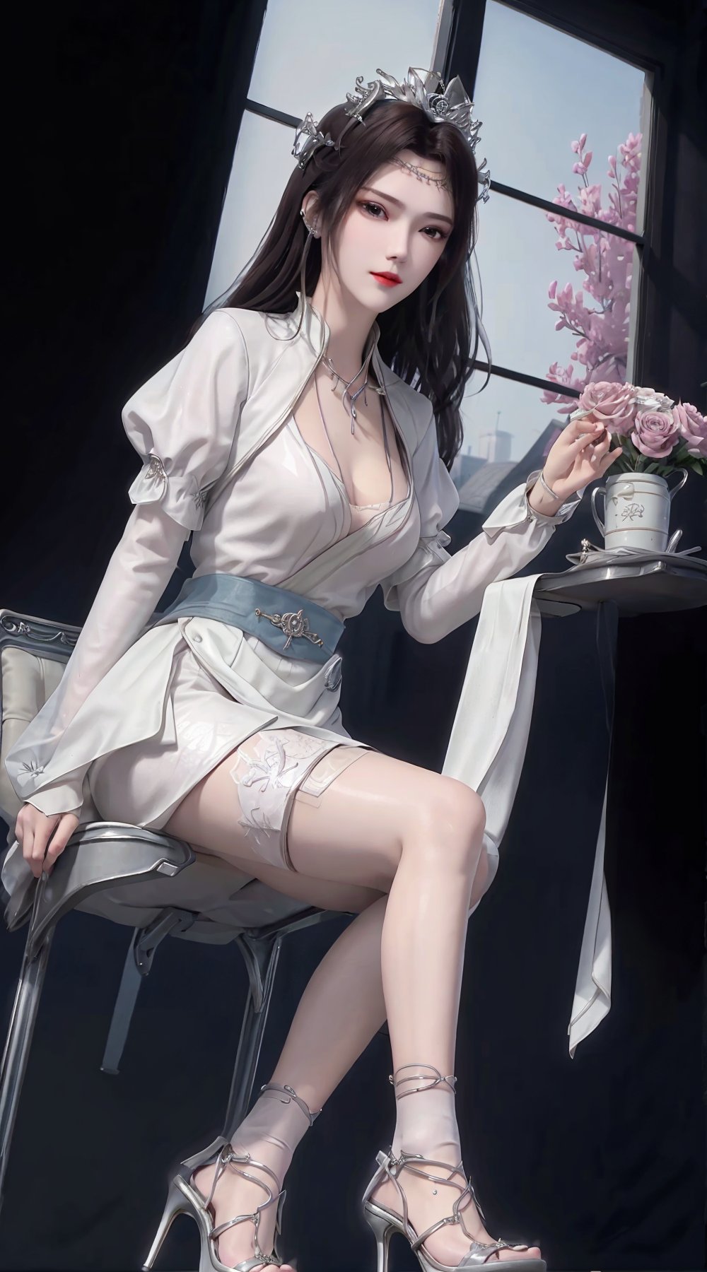 veil ,puffy sleeves,waist apron, hair ornament, crown,mature female,solo，（NO Lacteal sulcus）,cityscape,night,indoors,window,jewelry,blush,flower,white pantyhose,sitting,chair,close-up, high heels, (from below:1.2),dragon_cheongsam_tiktok,yifu,JK_style, <lora:EMS-2398-EMS:0.6>, <lora:EMS-467-EMS:0.6>