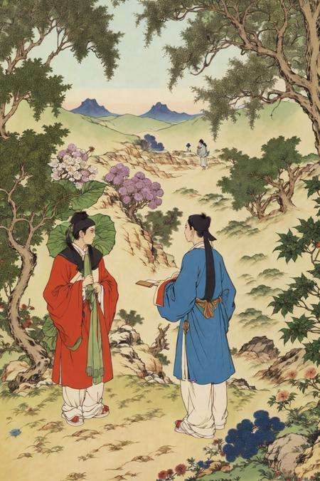 sgyy,(illustration:1.1),(best quality),(masterpiece:1.1),1gilr,standing,flowers,bush,outdoors,looking at viewer,