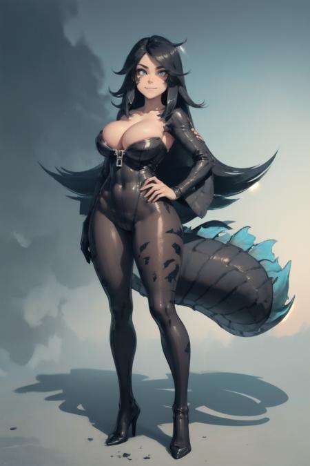 <lora:gzchan-07:0.9>,gzchan,scales,large breasts,(tail:1.2),black hair,monster girl,glowing,smirk,kaijuu,(full body:1.3),(detailed face and eyes:1.3),1girl,Ultra-detail,(highres:1.1),best quality,(masterpiece:1.3),cinematic lighting,Contrapposto pose,Fujifilm X-T4 Mirrorless Camera,glamour, (highly detailed absolutely perfect proper proportion hands:1.3)