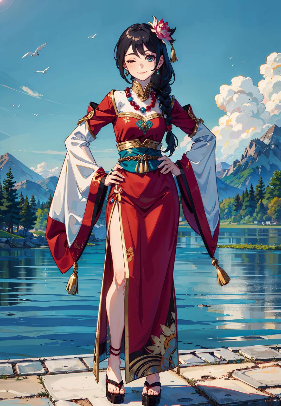 masterpiece, best quality, hands on hips, ((one eye closed|smile):1.3), lotus,  1girl, bead necklace, beads, black hair, braid, chinese clothes, earrings, hair ornament, jewelry, long hair, long sleeves, necklace, solo, tassel, full body, wide sleeves,sky, mountain, lake