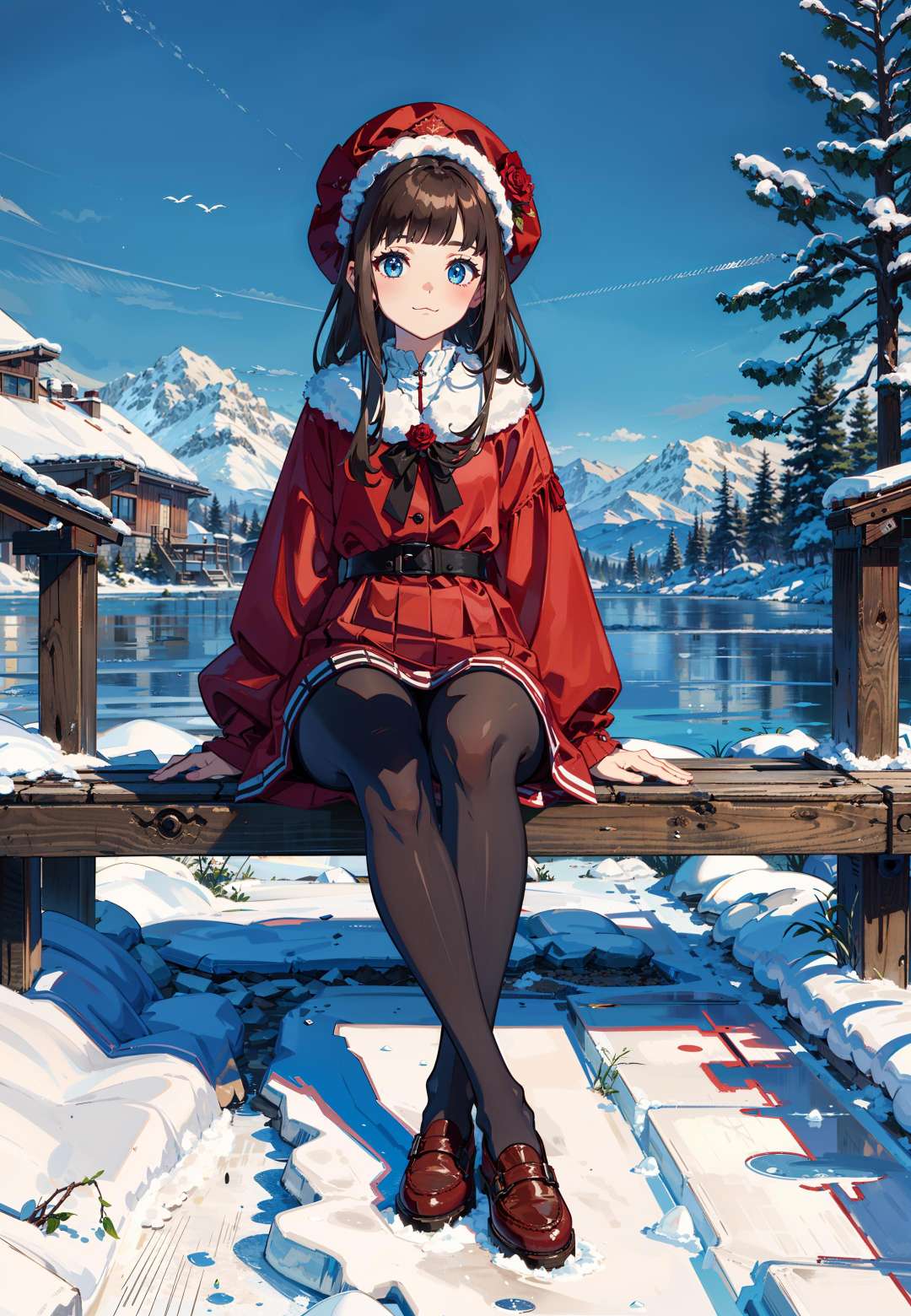 masterpiece, best quality, winter, snow field, (:3:1.5), 1girl, bangs, blue eyes, blunt bangs, bonnet, brown footwear, brown hair, red dress, frills, fruit, full body, hat, long hair, long sleeves, looking at viewer, pantyhose, red flower, red rose, rose, shoes, sitting, solo,sky, sun, mountain, forest, lake,