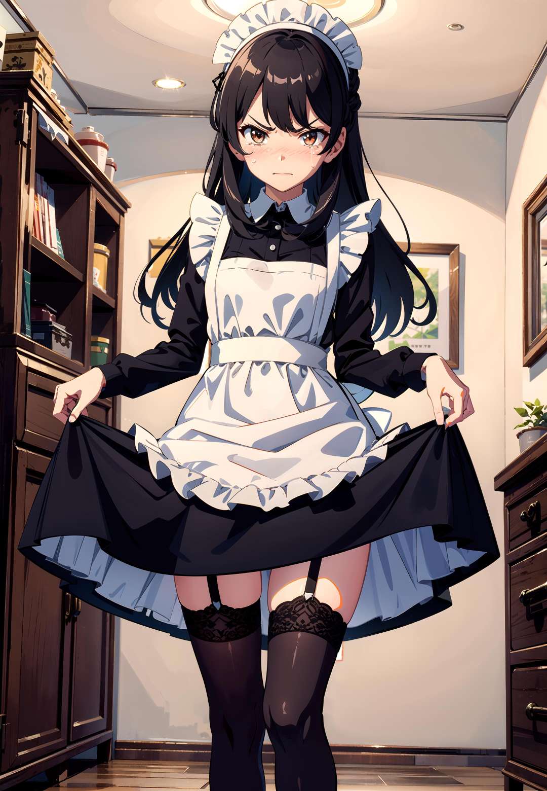 masterpiece, best quality, indoors, blush, ((angry|cry):1.2),1girl, apron, black dress, black footwear, black hair, blush, brown eyes, brown legwear, dress, garter straps, black high heels, long hair, long sleeves, looking at viewer, maid, maid headdress, shoes, smile, solo, thighhighs, skirt hold, skirt lift,