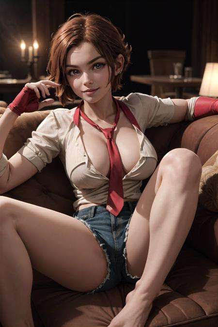 (detailed face and eyes:1.3),full body, <lora:dkong-09:0.6>,femkong,short hair,cleavage,open clothes,fingerless gloves,huge breasts,short shorts,necktie between breasts,couch, on couch, on back, legs up,looking at viewer,evil smile,  (shirt:1.3),Ultra-detail,(highres:1.1),best quality,(masterpiece:1.3),cinematic lighting,