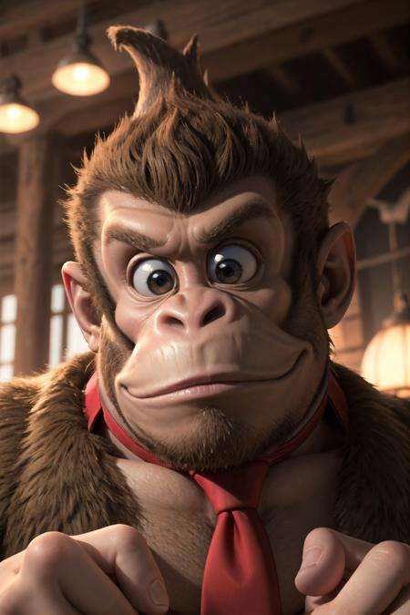 (detailed face and eyes:1.1),<lora:dkong-09:0.6>,dkong,necktie,1boy,monkey,furry,no humans, donkey kong, Ultra-detail,(highres:1.1),best quality,(masterpiece:1.3),cinematic lighting,