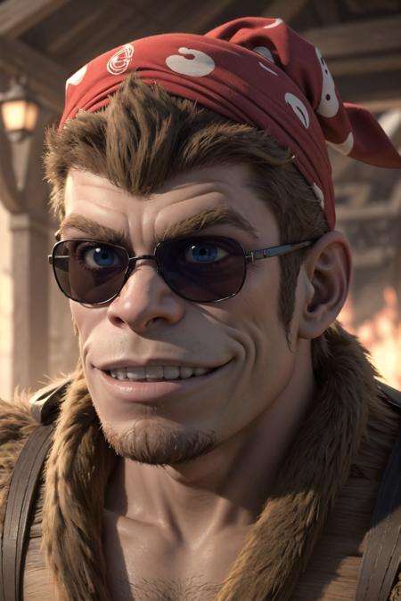 (detailed face and eyes:1.3),<lora:dkong-09:0.6>,funkong,1boy,monkey,furry,no humans,sunglasses,bandana,grin,Ultra-detail,(highres:1.1),best quality,(masterpiece:1.3),cinematic lighting,