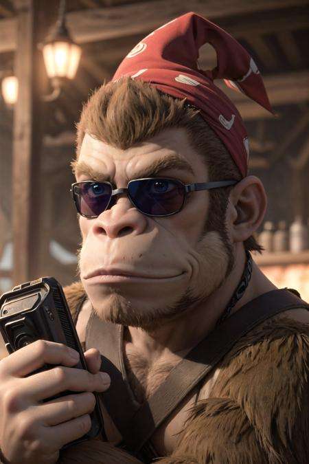 (detailed face and eyes:1.1),<lora:dkong-09:0.6>,funkong,1boy,monkey,furry,no humans,sunglasses,bandana,Ultra-detail,(highres:1.1),best quality,(masterpiece:1.3),cinematic lighting,