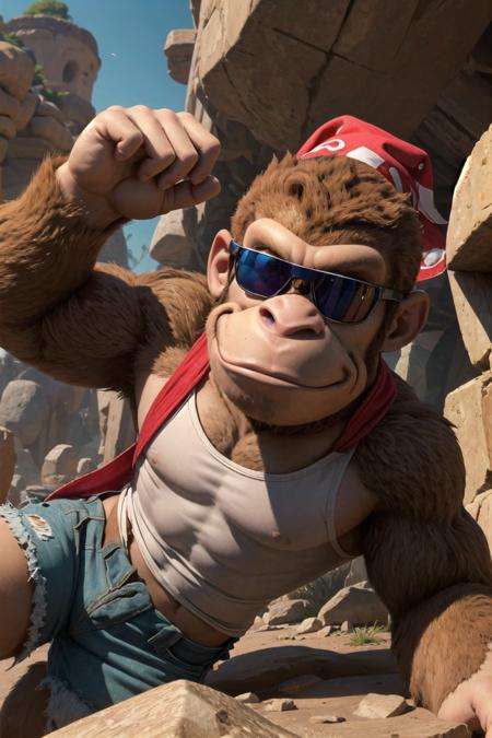 (detailed face and eyes:1.3),full body,<lora:dkong-09:0.6>,funkong,1boy,monkey,furry,sunglasses,white tank top,shorts,red bandana,(wariza:1.3),smile,Ultra-detail,(highres:1.1),best quality,(masterpiece:1.3),cinematic lighting,