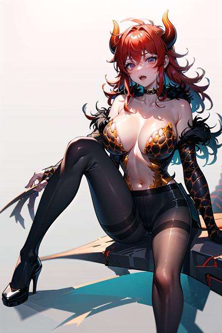 (detailed face and eyes:1.3),full body,<lora:niji_dola-10:1>,niji_dola,dola \(nijisanji\),dragon girl,solo,red hair,horns,red eyes,dragon horns,large breasts,cleavage,blush,hair between eyes,dragon tail,tail,navel,thigh strap,collarbone,choker,huge breasts,scales,fangs,black footwear,(single leg pantyhose:1.4), center opening, Ultra-detail,(highres:1.1),best quality,(masterpiece:1.3),cinematic lighting,