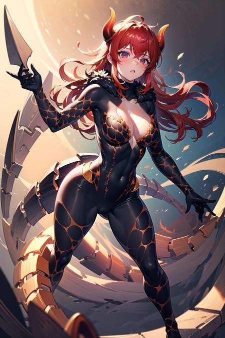 (detailed face and eyes:1.3),full body,<lora:niji_dola-10:1>,niji_dola,dola \(nijisanji\),dragon girl,solo,red hair,horns,red eyes,dragon horns,large breasts,cleavage,blush,hair between eyes,dragon tail,tail,navelUltra-detail,(highres:1.1),best quality,(masterpiece:1.3),cinematic lighting,