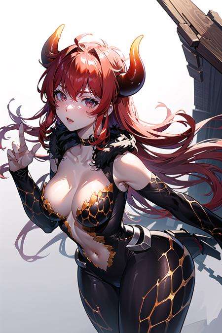 (detailed face and eyes:1.3),full body,<lora:niji_dola-10:1>,niji_dola,dola \(nijisanji\),dragon girl,solo,red hair,horns,red eyes,dragon horns,large breasts,cleavage,blush,hair between eyes,dragon tail,tail,navelUltra-detail,(highres:1.1),best quality,(masterpiece:1.3),cinematic lighting,