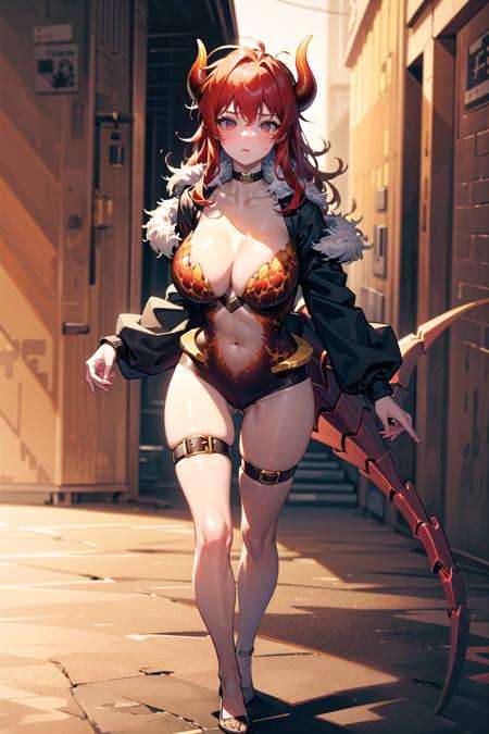 (detailed face and eyes:1.3),full body,<lora:niji_dola-10:1>,niji_dola,dola \(nijisanji\),dragon girl,solo,red hair,horns,red eyes,dragon horns,large breasts,cleavage,blush,hair between eyes,dragon tail,tail,navel,thigh strap,collarbone, choker,huge breasts,Ultra-detail,(highres:1.1),best quality,(masterpiece:1.3),cinematic lighting,