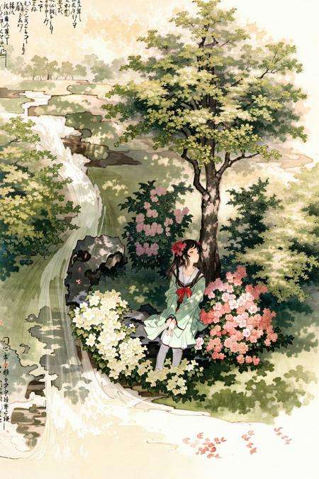 negative space, 1girl in serafuku, from above,  (trees:0.5), (flowers:0.9) ,(birds:0.2), garden, bush