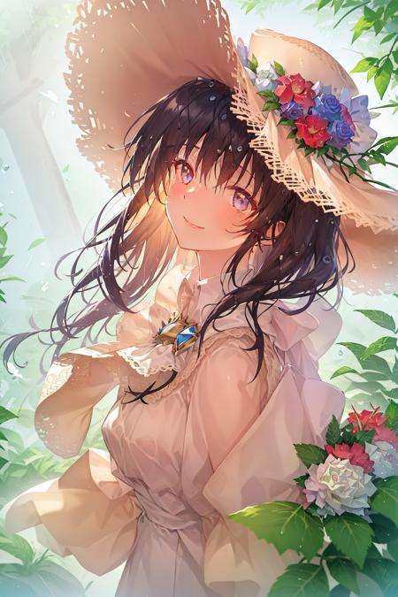 art by Cornflower, dreamy, (1girl, bangs, blue_flower, blue_ribbon, blue_rose, brooch, closed_mouth, flower, gem, hair_between_eyes, hat, hat_flower, hydrangea, jewelry, leaf, long_hair, looking_at_viewer, plant, rain, smile, solo, upper_body, water, water_drop, wet)