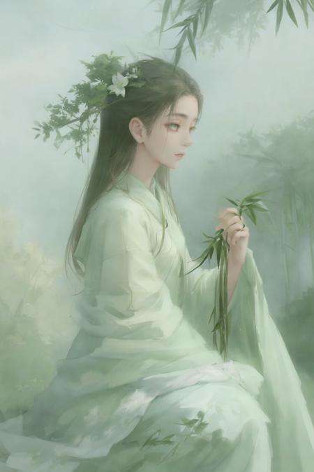 1girl,green chinese cloth, beauty,  (trees:0.5), (flowers:0.6) ,(birds:0.2), (bamboo0.1), lakes, look looking at viewer, 