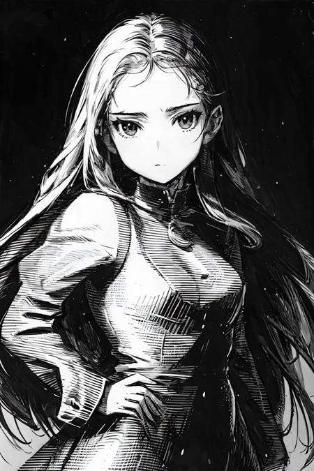 penink,masterpiece, best quality,1girl,standing, long hair,cold face, upper body,portrait, (front),monochrome, greyscale, 