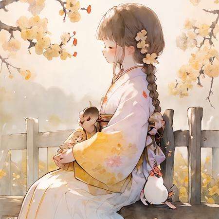 doukou, 1girl, braid, cat, sitting, closed eyes, japanese clothes, kimono, hair ornament, flower, yellow kimono, hair flower, long hair, white cat, blush, solo, outdoors, holding, twin braids, animal, brown hair, fence, tree, long sleeves, floral print, cherry blossoms, from side, branch, wide sleeves, bangs, closed mouth, bench, petals, holding animal, profile, twitter username, wooden fence