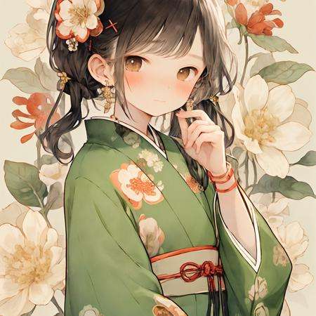 doukou, 1girl, solo, hair ornament, flower, looking at viewer, hair flower, blush, jewelry, x hair ornament, brown eyes, long sleeves, earrings, japanese clothes, floral background, black hair, twintails, hand up, floral print, closed mouth, wide sleeves, white flower, brown hair, bangs, upper body, hairclip, bracelet