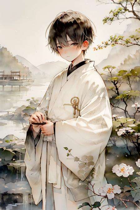 doukou,1boy,white hanfu, beauty, outdoors, lakes, Hangzhou,looking at viewer