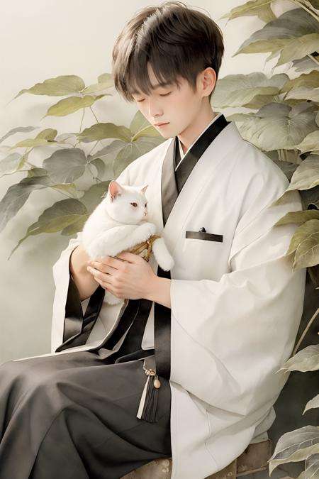 1boy, male focus, on lap, sitting, japanese clothes,  black hair, flower, white cat, hakama, animal, closed eyes, short hair, petting, leaf, plant, white flower, kimono, hakama skirt, solo, holding animal, haori, black hakama