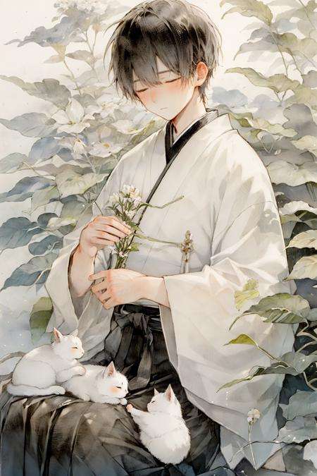 1boy, male focus, on lap, sitting, japanese clothes,  black hair, flower, white cat, hakama, animal, closed eyes, short hair, petting, leaf, plant, white flower, kimono, hakama skirt, solo, holding animal, haori, black hakama