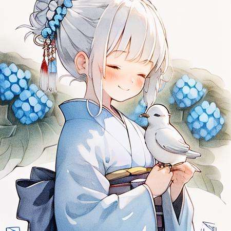 doukou, 1girl, japanese clothes, flower, kimono, closed eyes, blush, bird, smile, solo, hair bun, hair ornament, closed mouth, sash, blue flower, bangs, white hair, upper body, holding, hair flower, wide sleeves, obi, long sleeves, sidelocks, braid, animal, single hair bun, white kimono, artist name, signature, holding animal, hydrangea