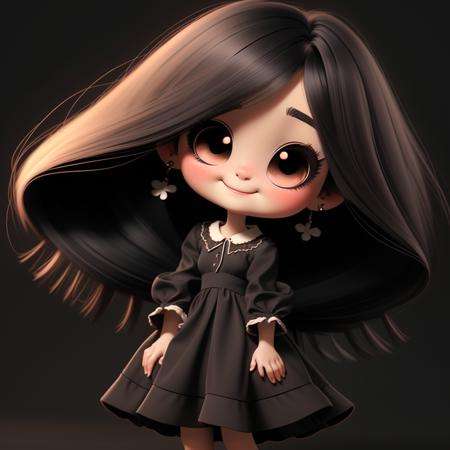 1girl, solo, long hair, BLACK eyes, black hair, smile, earrings, pajamas , short sleeves, jewelry, puffy sleeves, looking at viewer, dress, puffy short sleeves, upper body, simple background, BROWN dress, black background, blush, lips