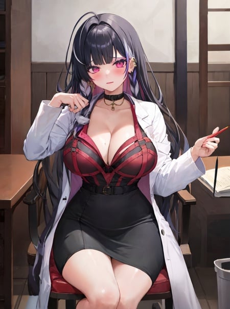 masterpiece, detailed, high quality, absurdres, meloco, 1girl, solo, blush, large breasts, curvy, wide hips, groin, choker, collared shirt, cleavage, black bra, labcoat, pencil skirt, side cutout, sitting, chair, infirmary, 