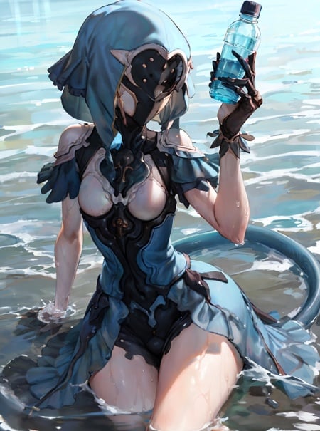 masterpiece, detailed, high quality, absurdres, yareli, 1girl, solo, faceless, small breasts, curvy, partially submerged, water, water bottle, 