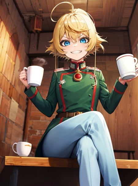 masterpiece, detailed, high quality, absurdres, tanya, 1girl, solo, evil grin, small breasts, curvy, military, military uniform, sitting on desk, crossed legs, holding cup, coffee, paper, cowboy shot, 
