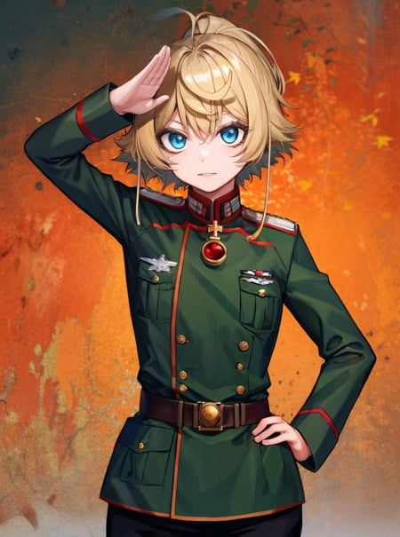 masterpiece, detailed, high quality, absurdres, tanya, 1girl, solo, small breasts, curvy, military, military uniform, black pants, standing, salute, 