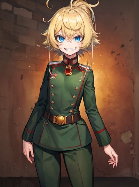 masterpiece, detailed, high quality, absurdres, tanya, 1girl, solo, evil grin, small breasts, curvy, military, military uniform, 