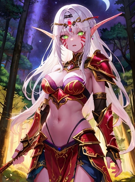 masterpiece, detailed, high quality, absurdres, nightelf, 1girl, solo, white hair, green eyes, pink skin, glowing eyes, (no pupils), facial mark, armor, strapless, bra, pelvic curtain, hair ornament, forest, night, night sky, cowboy shot, 